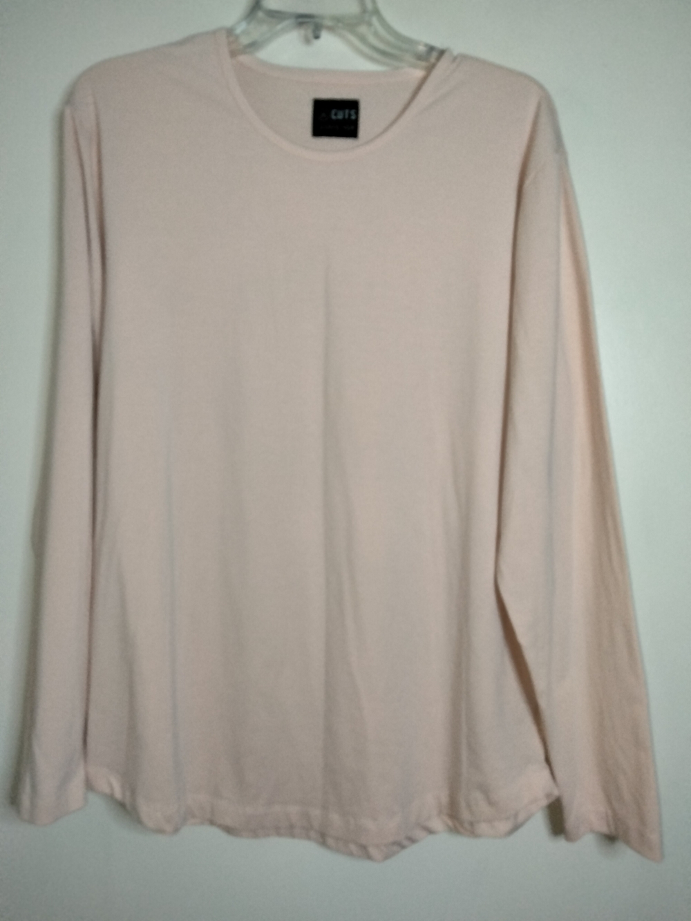 Cuts Curve-Hem -XL- Men's Pink Stretch Long Sleeve Crewneck Basic Layer T-shirt